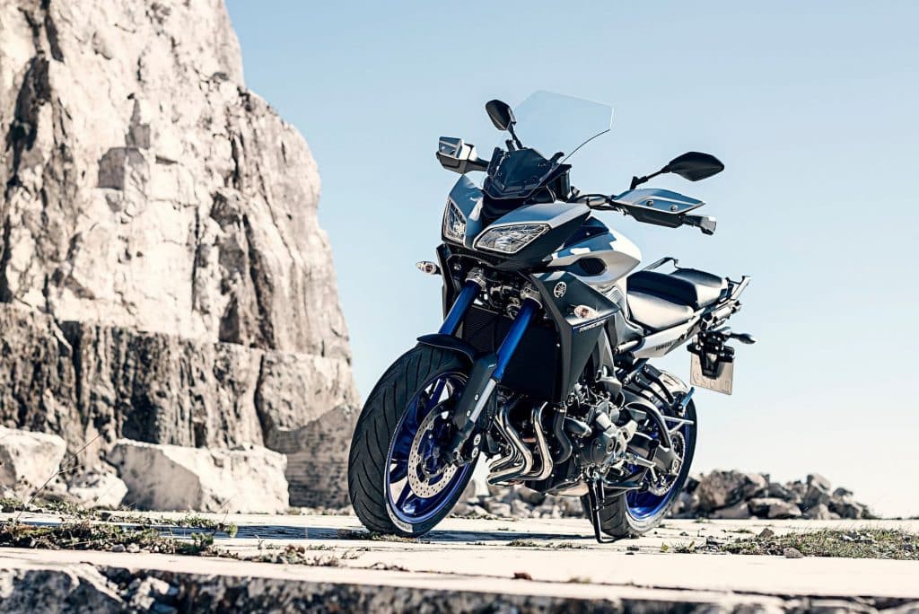 2016 Yamaha MT-09 Tracer 900 parked on cliff face