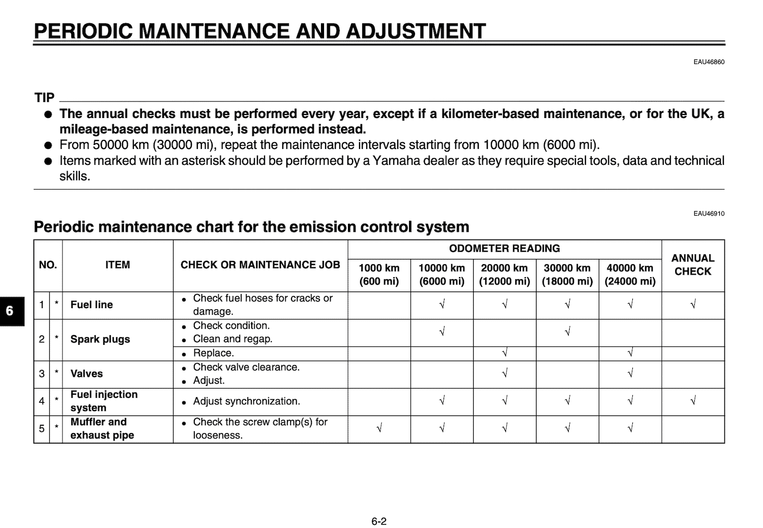 Yamaha V Star 950 XVS950 Europe manual maintenance schedule screenshot