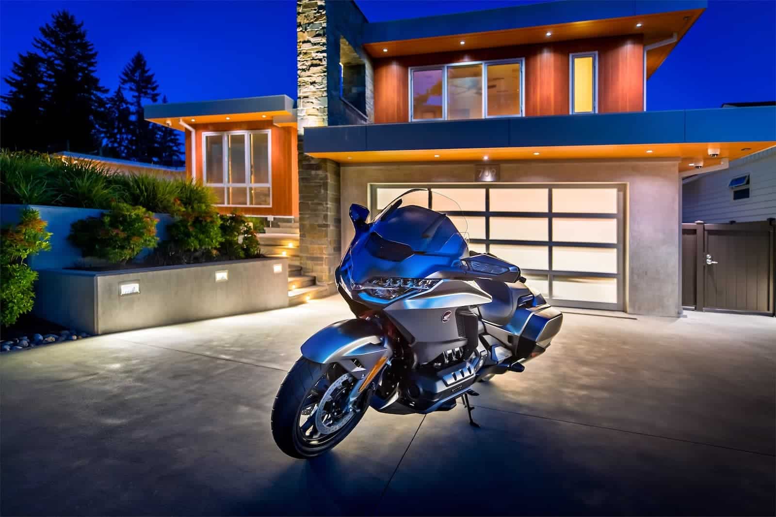 2018 Honda Gold Wing parked in front of house at night time