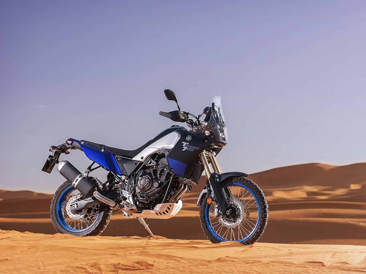 Blue and White Yamaha Tenere 700 in desert