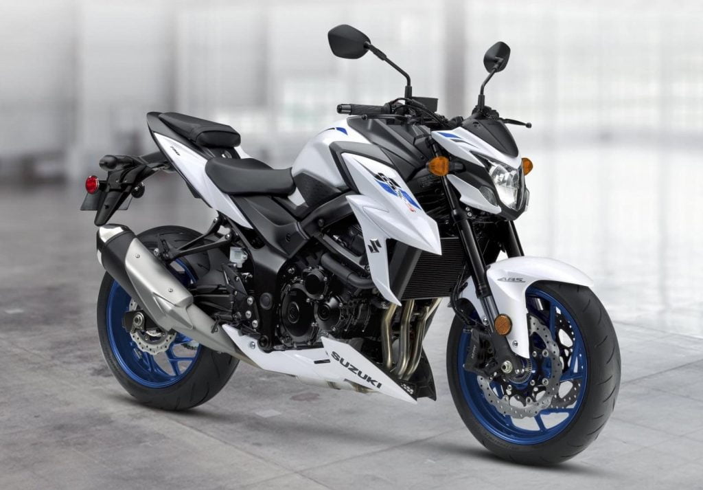 White Suzuki GSX-S750 with blue rims