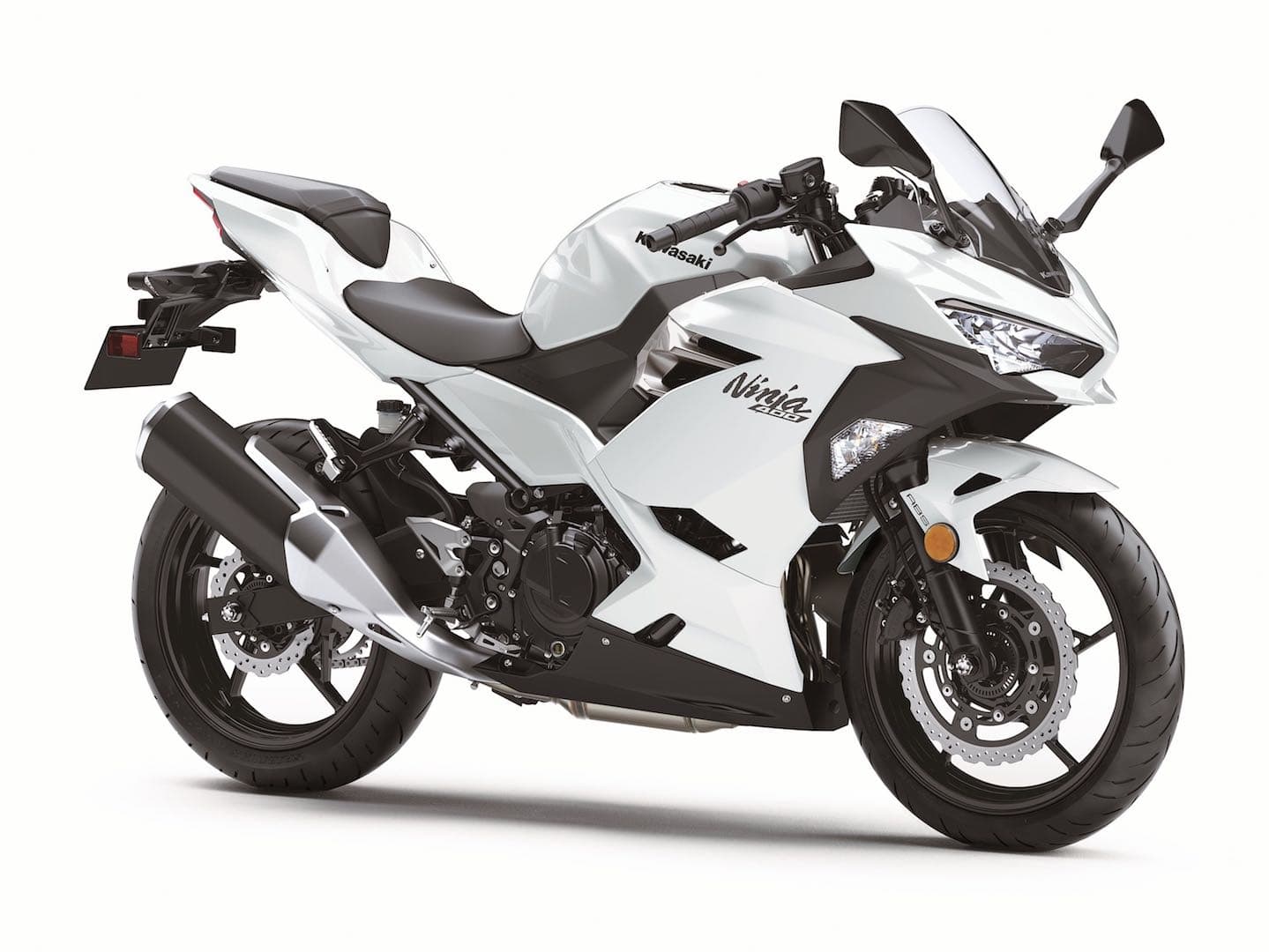 White Kawasaki Ninja 400 2020 model Studio rhs front 3-4