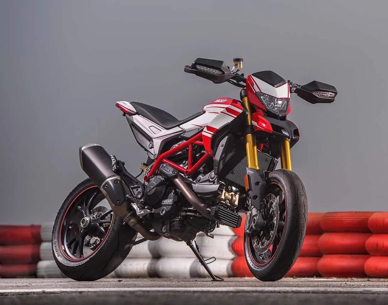 Red and white Ducati Hypermotard 939 SP on track