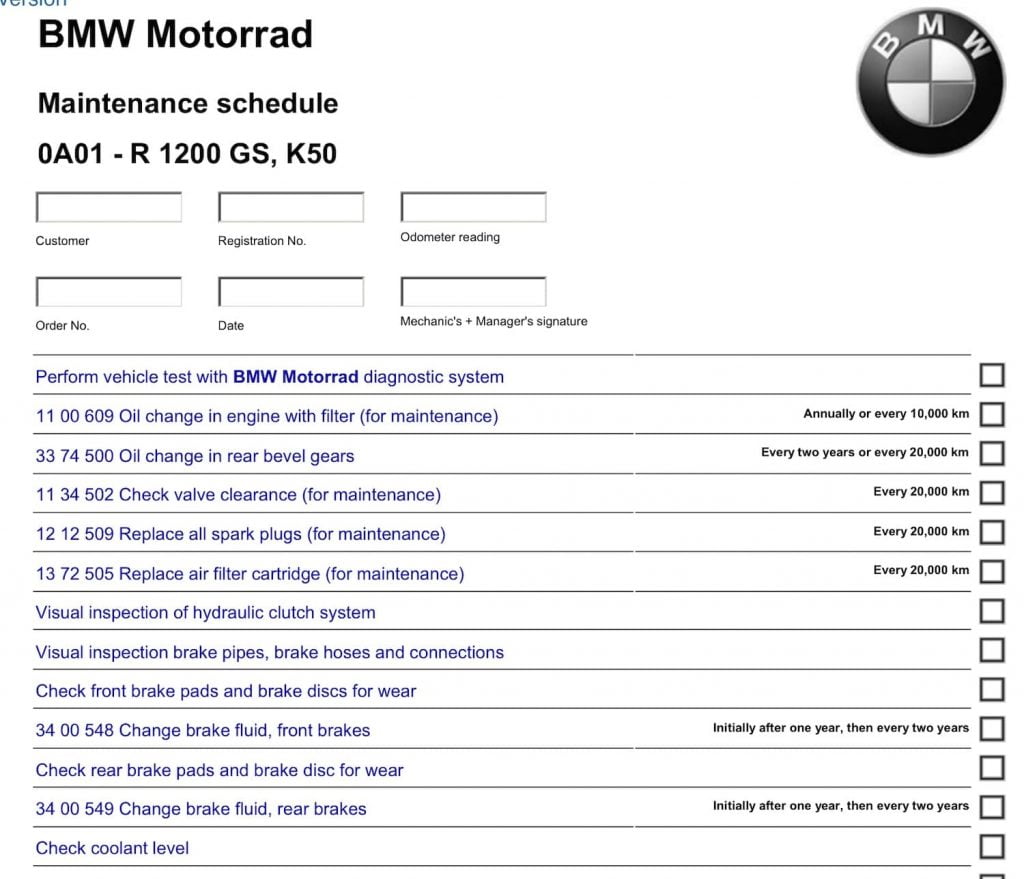 BMW R 1200 GS wethead maintenance schedule screenshot