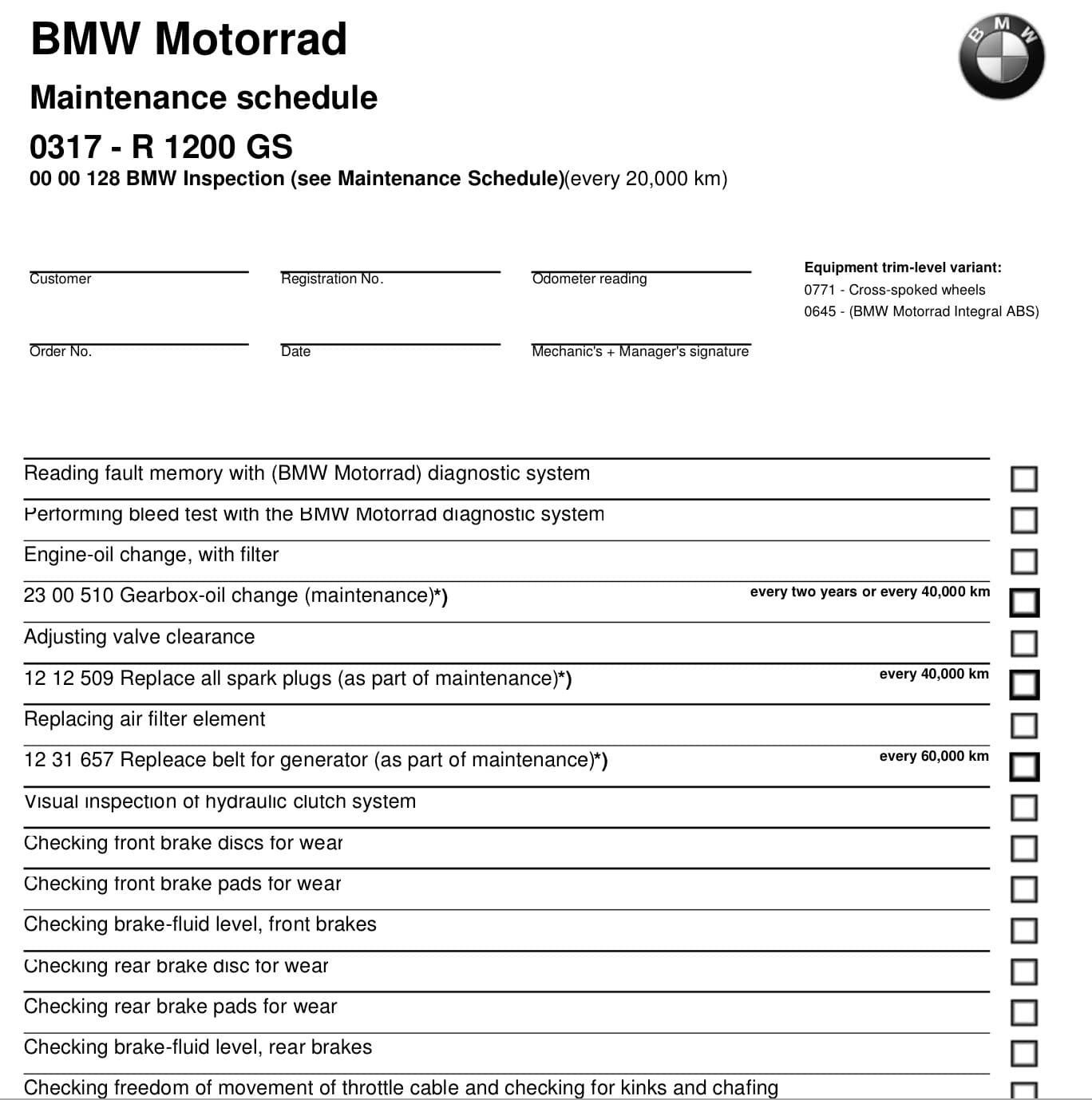 BMW R 1200 GS "Hexhead" (2004-2009) Maintenance Schedule