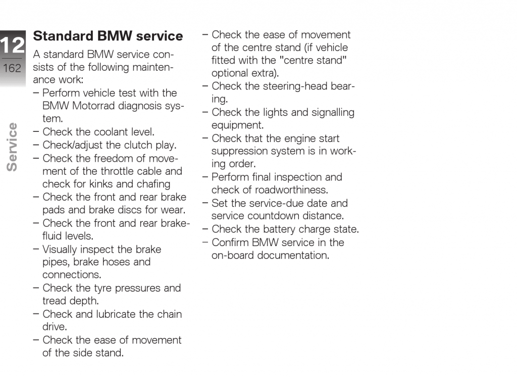 BMW F 650 GS Twin standard service items list