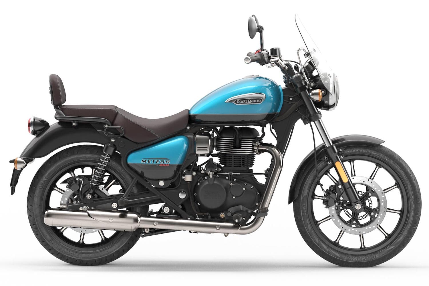 Blue Royal Enfield Meteor 350 RHS with windshield and backrest