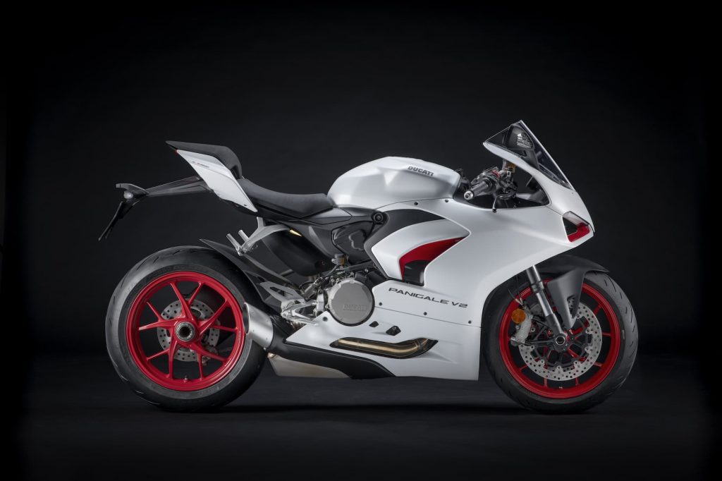 Ducati Panigale V2 white with red wheels studio RHS