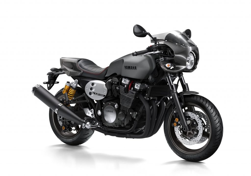 2015 Yamaha XJR1300 Charcoal black studio with cowl front quarter right