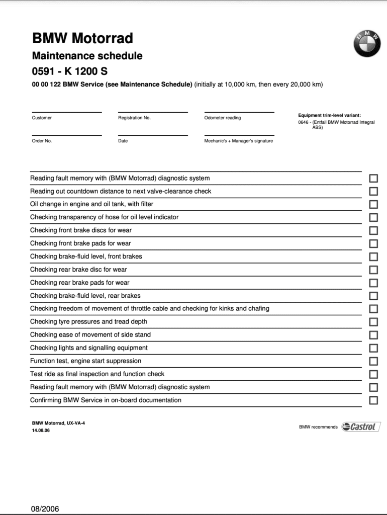 BMW K 1200 S 10000 km inspection checklist