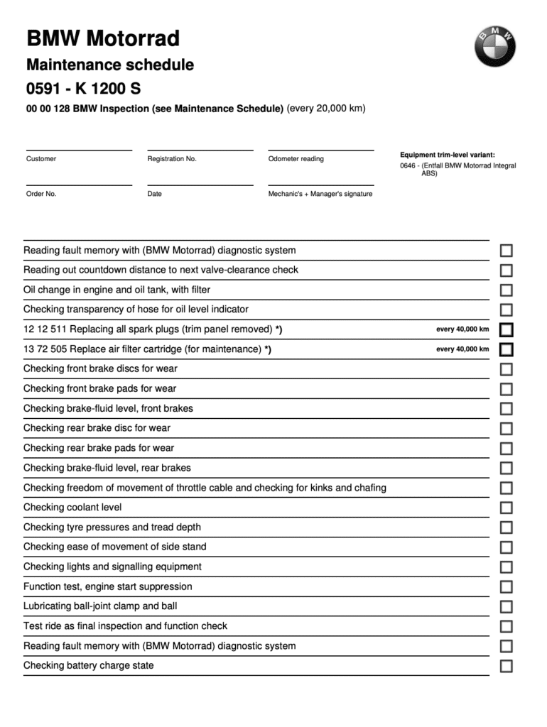 BMW K 1200 S 20000 km inspection checklist