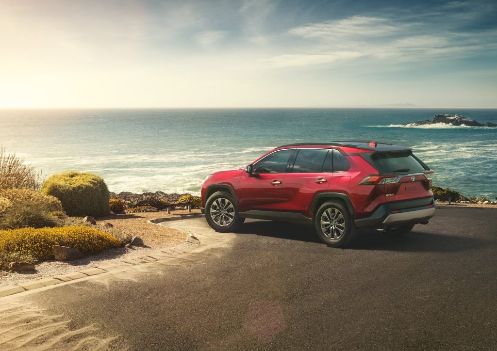 2019 Toyota RAV4 Gas i4 red parked by ocean outdoor static