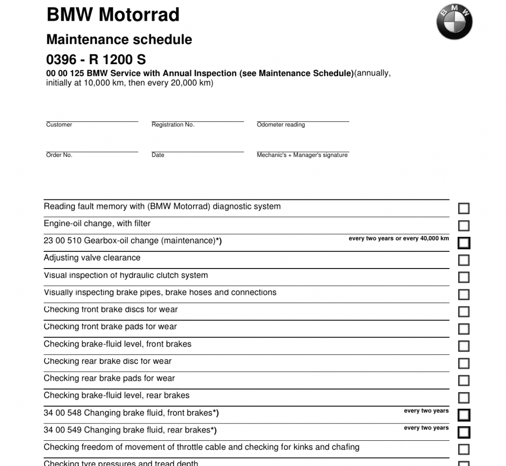 BMW R 1200 S maintenance schedule screenshot 1