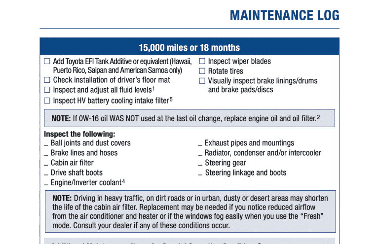 Toyota RAV4 Hybrid (2019+, 5th Gen) Maintenance Schedule