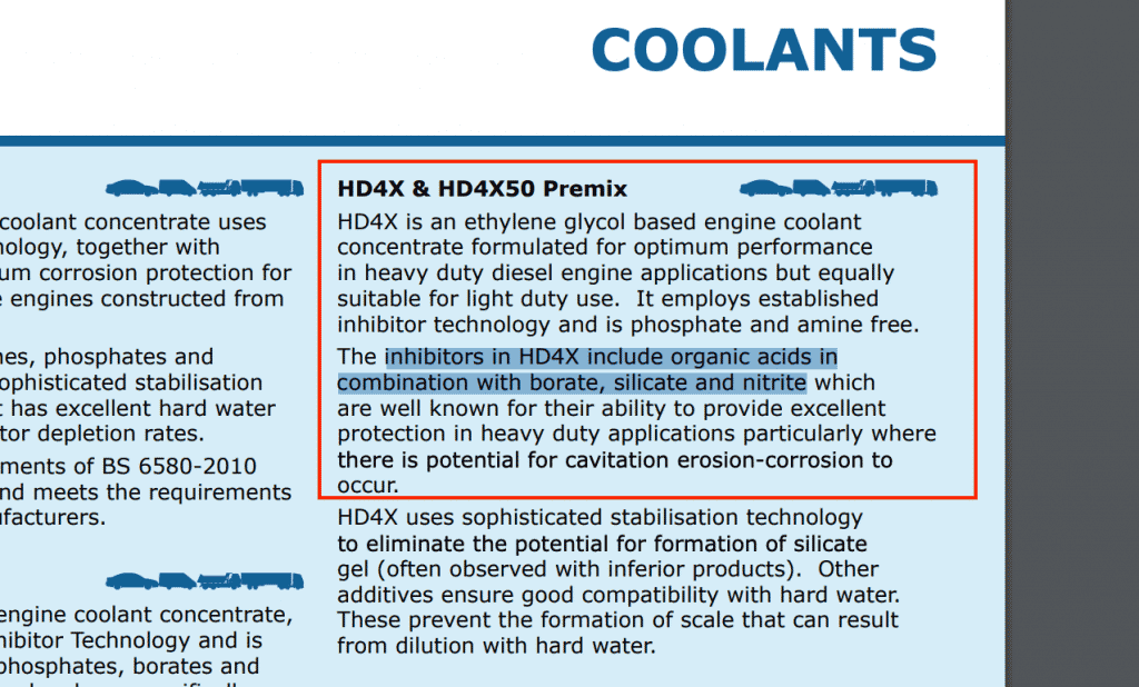 HD4X alternative data sheet screenshot | The Best Triumph HD4X Hybrid OAT Coolant Alternatives — Analysed in Detail