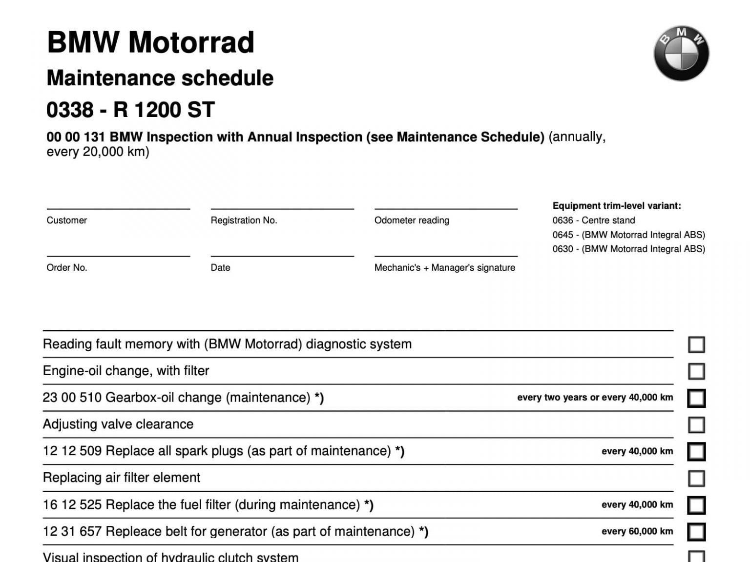 BMW R 1200 ST (2005-2007) Simplified Maintenance Schedule