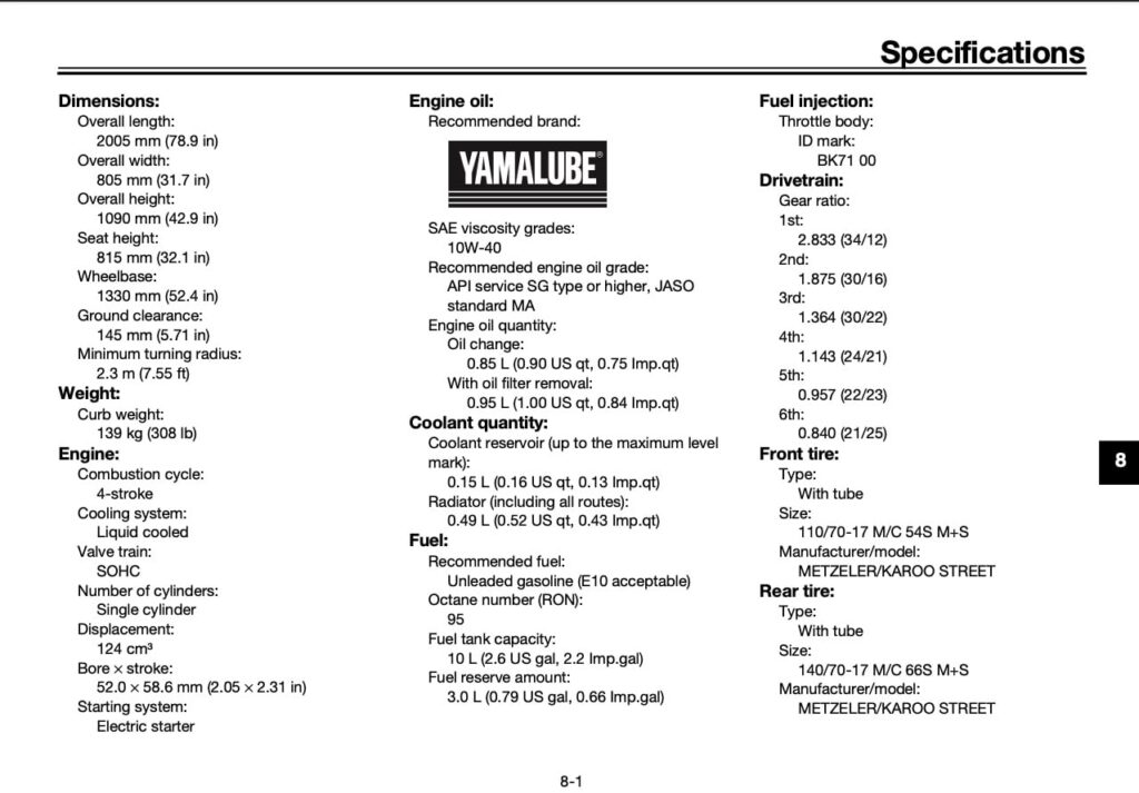 Yamaha XSR125 maintenance schedule screenshot 4