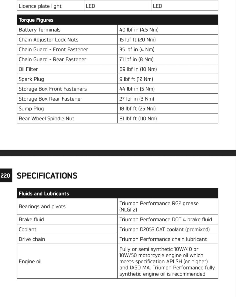 2024 Triumph Scrambler X and XE maintenance schedule from owner's manual screenshot 4