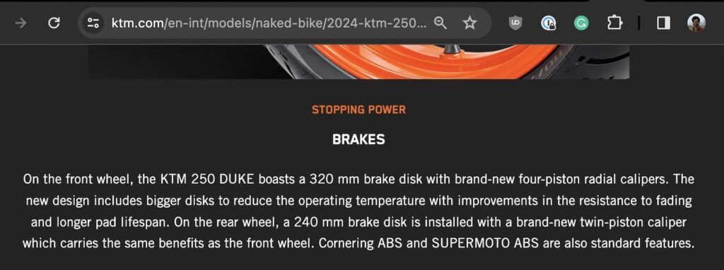 2024 KTM 250 Duke cornering ABS
