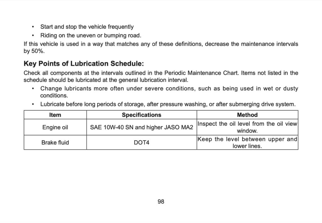 CFMOTO 675SR-R Manual Maintenance Schedule Screenshots