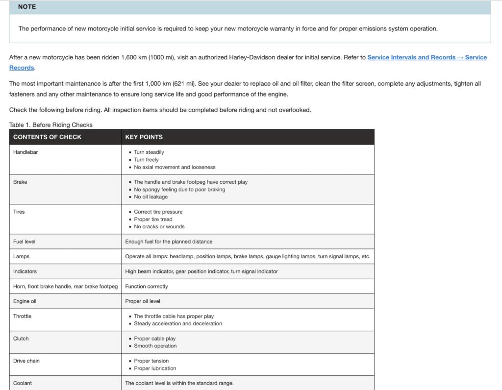 Harley-Davidson X500 Manual Maintenance Schedule Screenshots