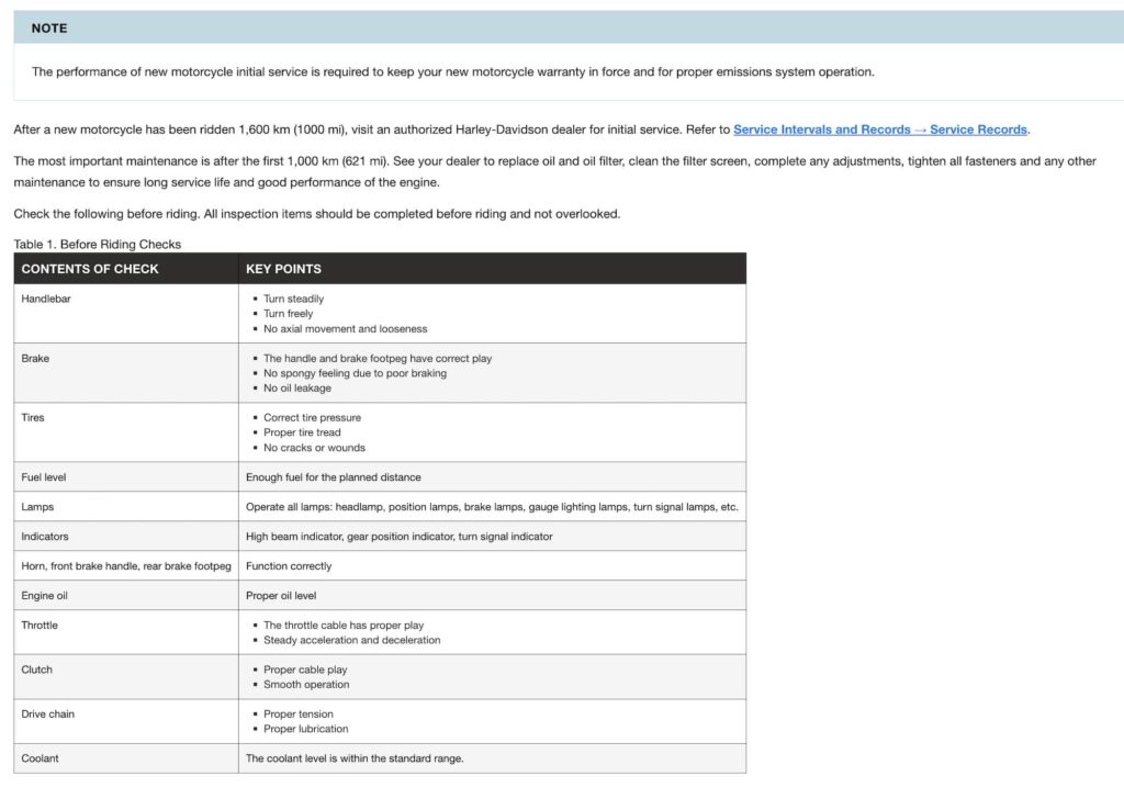 Harley-Davidson X500 Manual Maintenance Schedule Screenshots