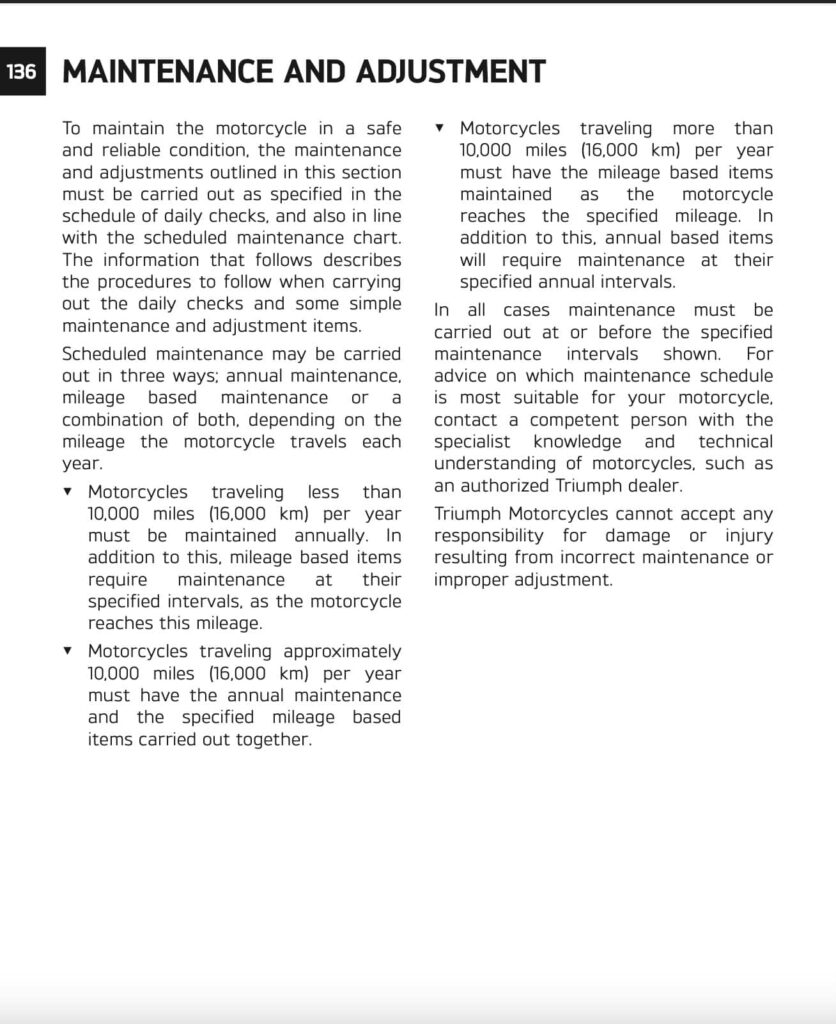 Triumph Speed Triple 1200 RX Manual Maintenance Schedule Screenshots