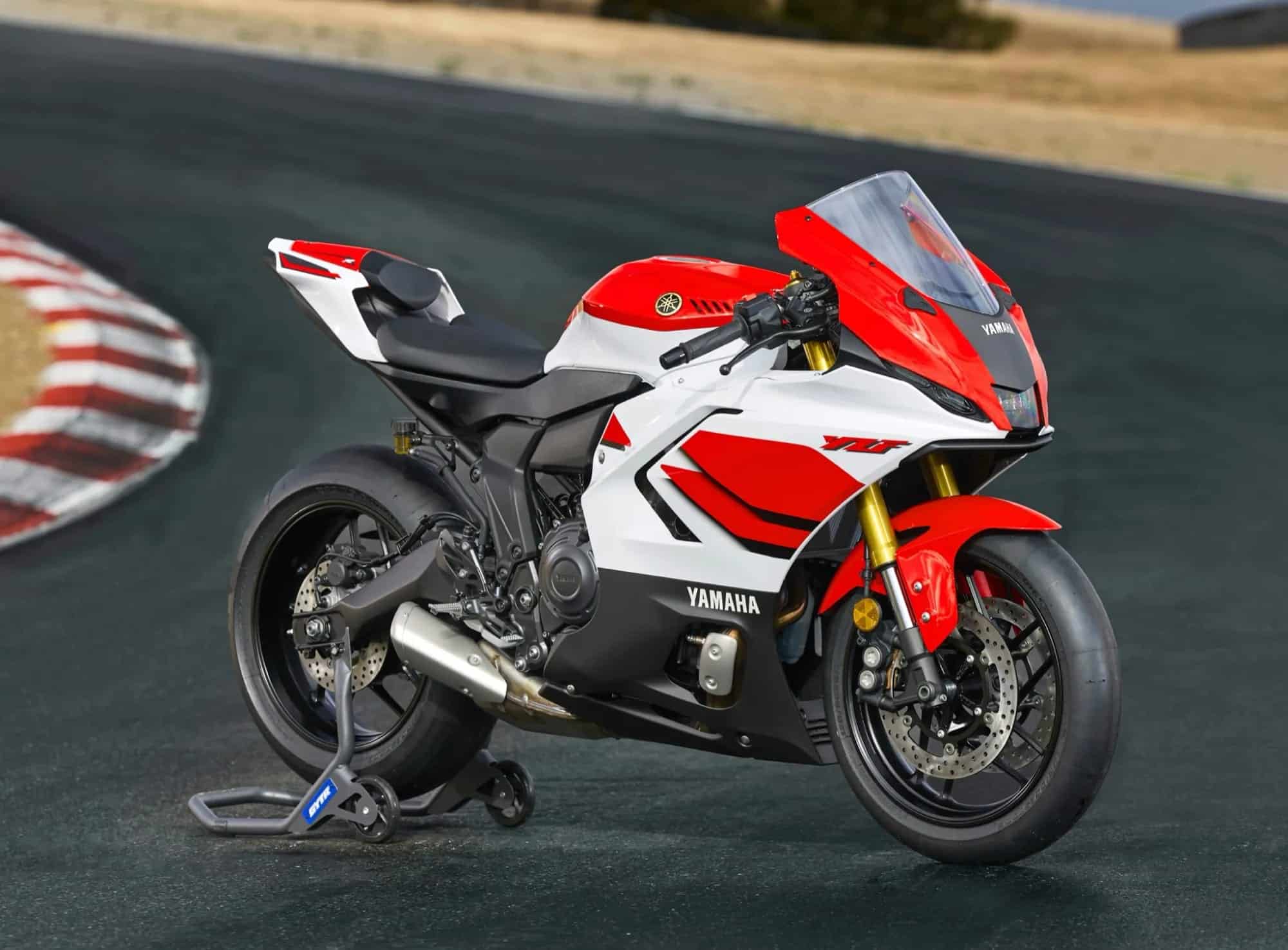 Yamaha YZF-R7 (2022+) Maintenance Schedule and Service Intervals 1 2026 Yamaha YZF-R7 70th Anniversary Edition parked beside a racetrack